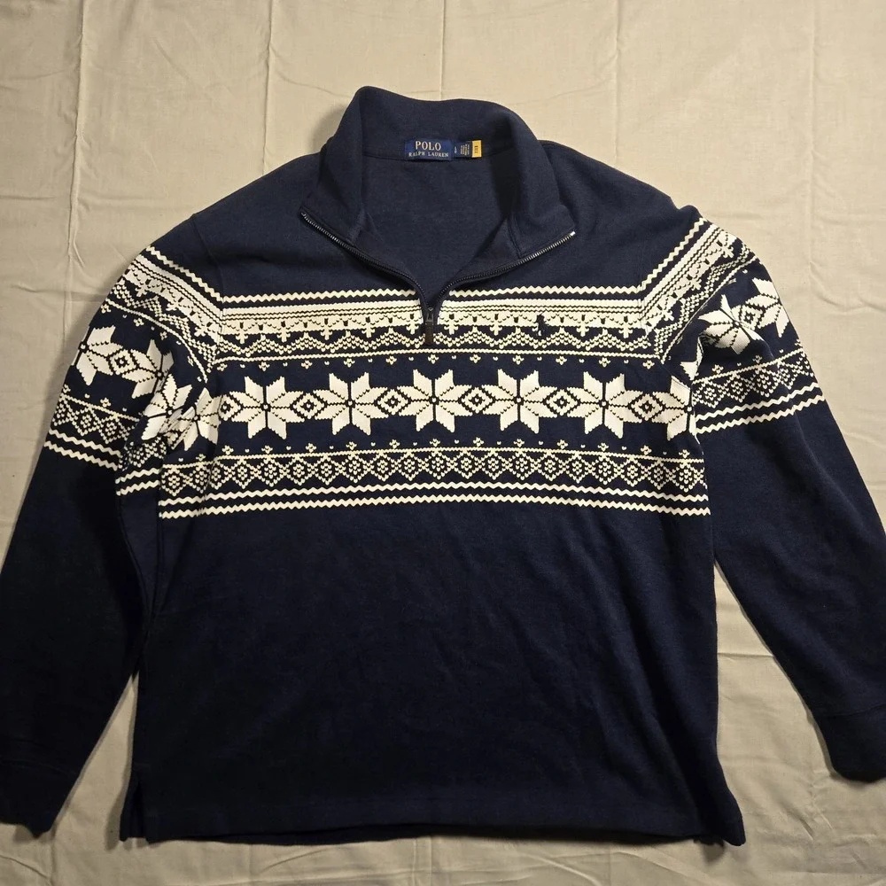 Polo Ralph Lauren 1/4 Zip Sweater Mens L Estate Rib SNOWFLAKE pattern